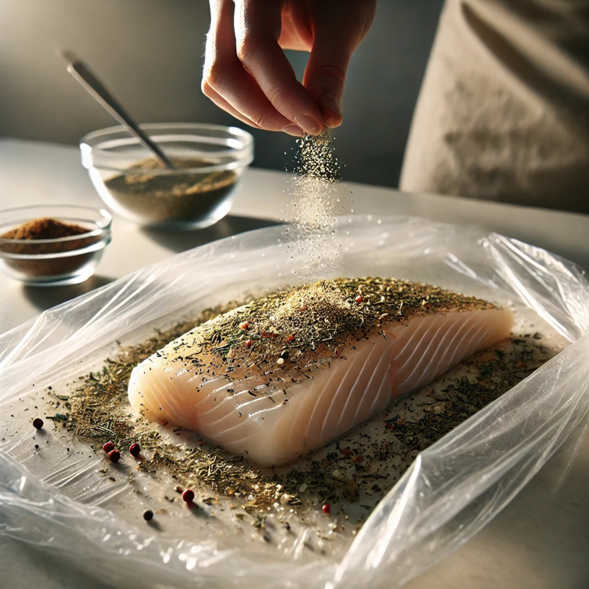 filet de cabillaud préparé sur un film plastique