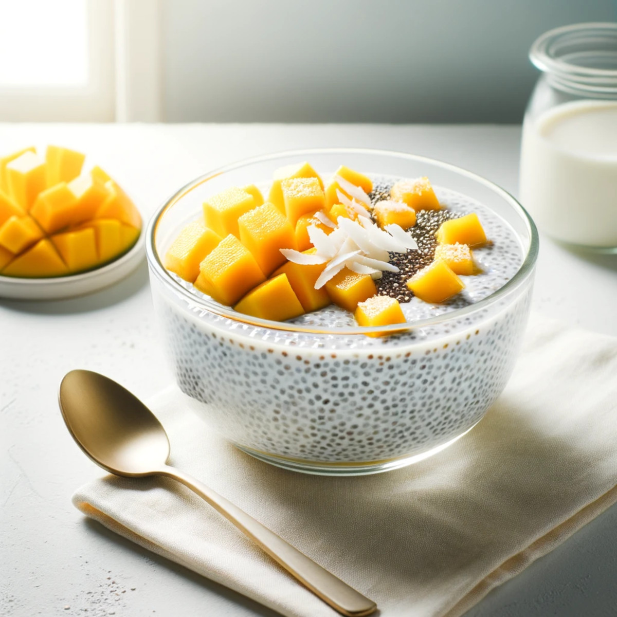 Chia pudding au lait d’amande avec mangue et coco dans bol transparent gourmet