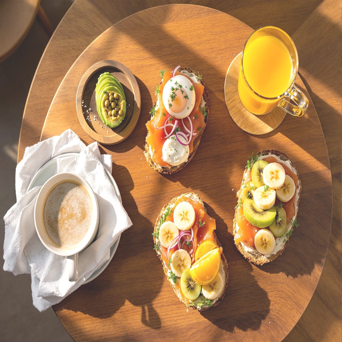 Petit-dĂ©jeuner maison avec tartines sucrĂ©es et salĂ©es, cafĂ©, jus dâorange et pain grillĂ© sur table en bois rustique