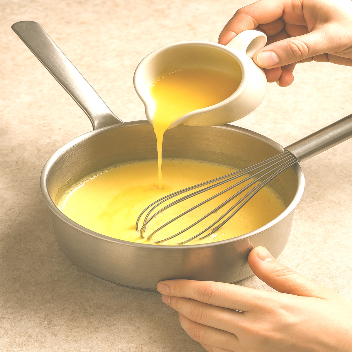 Préparation de la sauce hollandaise au bain-marie, texture crémeuse en formation