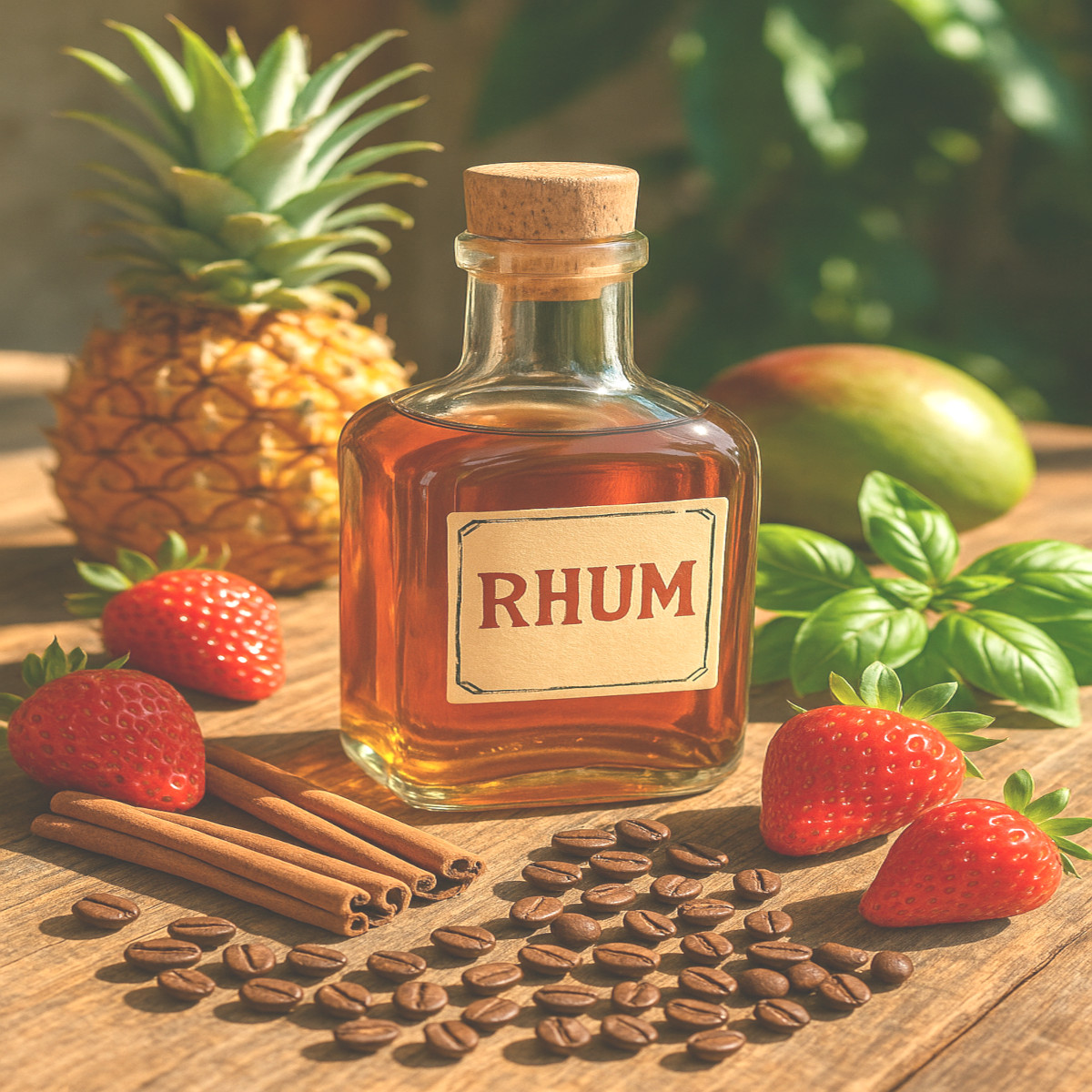 rhum arrangé maison original entourée de fraises fraîches, feuilles de basilic, grains de café et bâtons de cannelle