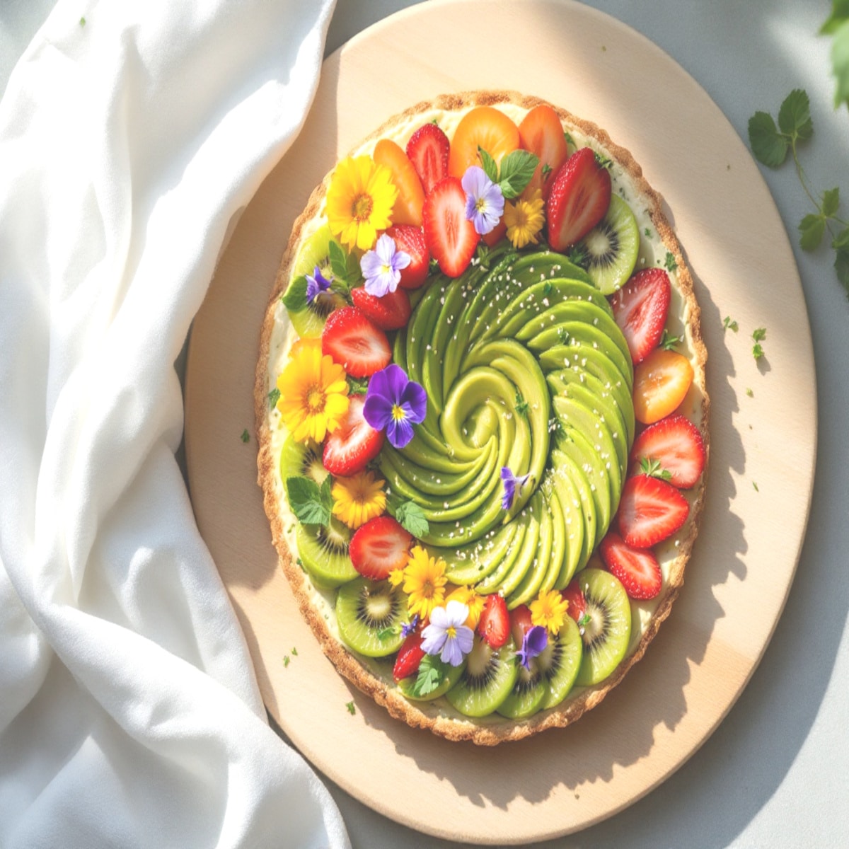 tranches dâavocat en spirale, graines, fleurs comestibles et herbes fraĂźches sur planche en bois