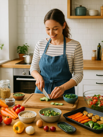 Femme en cuisine préparant plusieurs plats maison pour un batch cooking réussi du dimanche