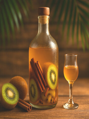 Bouteille de rhum arrangé maison kiwi‑cannelle et verre de dégustation sur fond bois tropical, lumière chaude