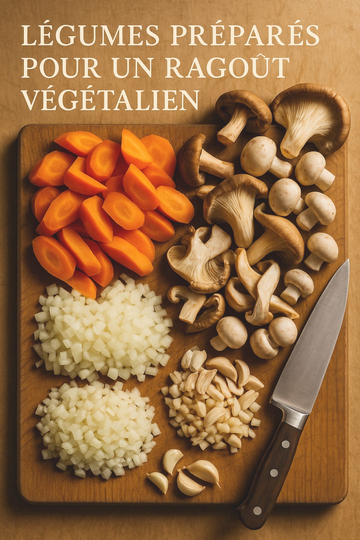 mise en place bourguignon vegan, découpe légumes plat mijoté, préparation cuisine végétalienne
