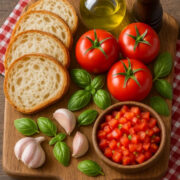Ingrédients frais pour bruschetta : pain de campagne, tomates, basilic, ail, huile d’olive