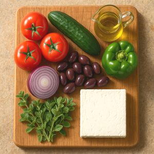 Ingrédients frais pour salade grecque : tomates, concombre, oignon rouge, olives Kalamata, poivron vert, feta, huile d'olive et origan disposés sur une planche en bois