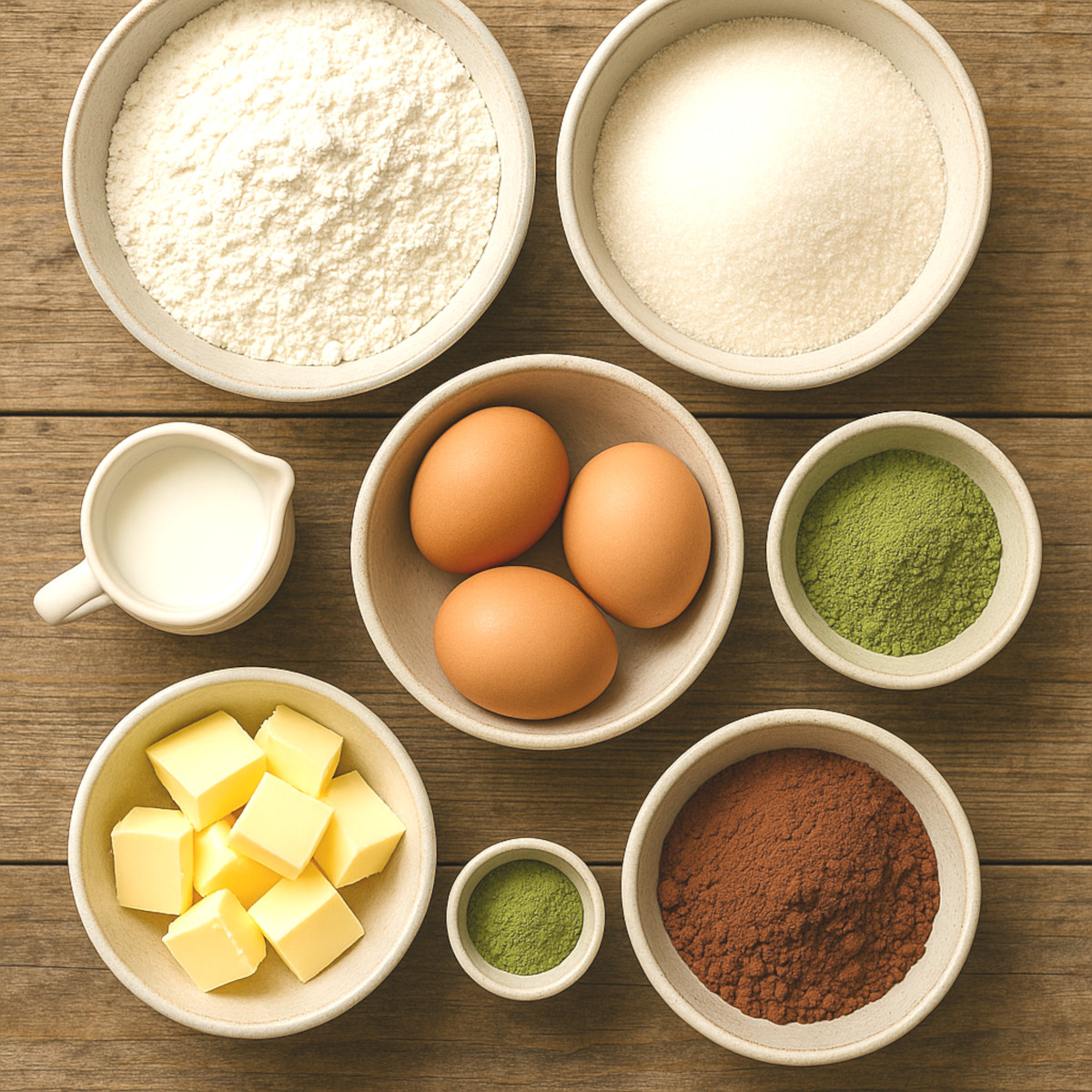 Ingrédients du cake marbré au matcha et cacao disposés sur une table : farine, œufs, sucre, beurre, matcha, cacao