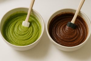 Pâte matcha verte et pâte cacao prêtes à être assemblées pour le cake marbré