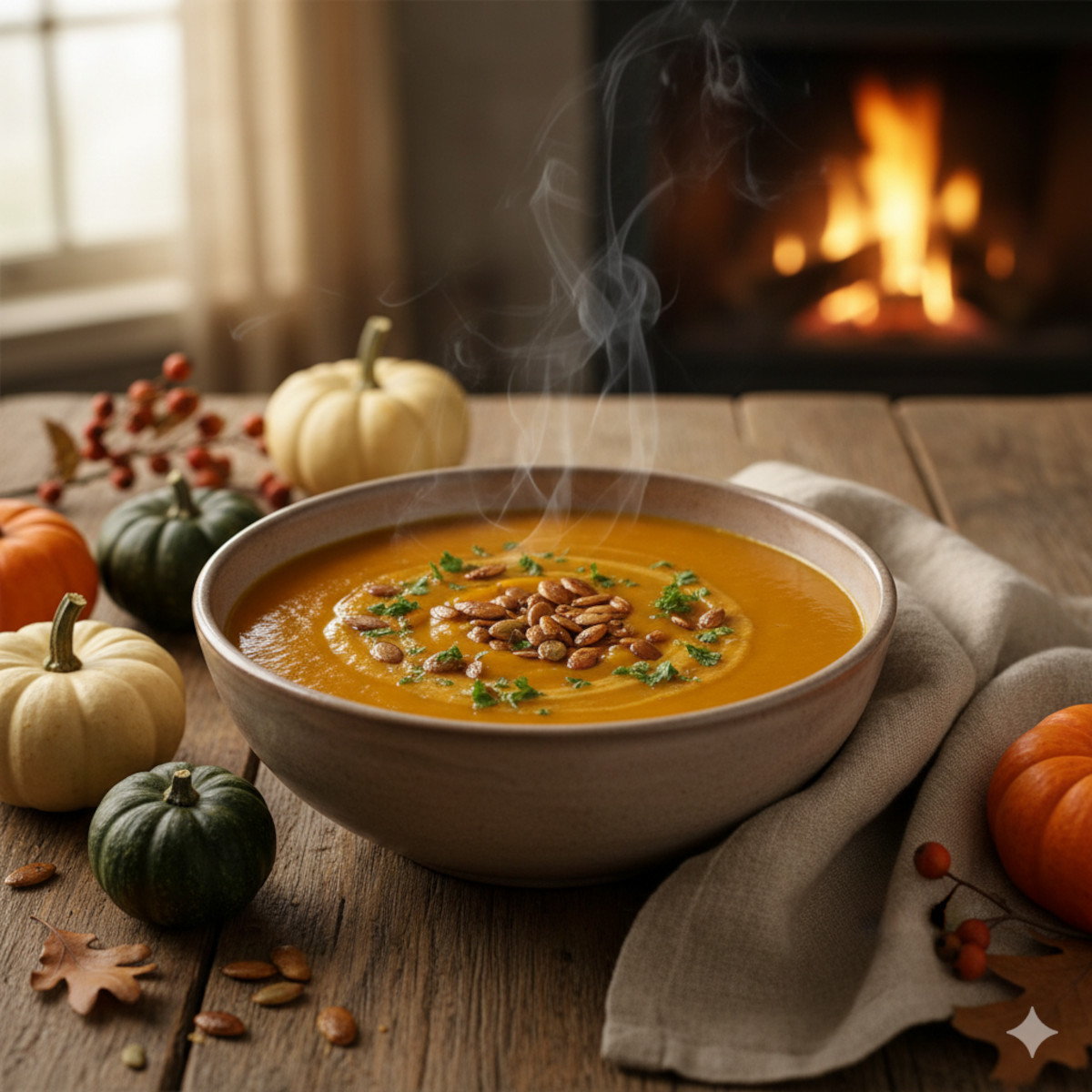 Soupe de potimarron veloutée crémeuse servie dans un bol avec graines grillées et persil frais